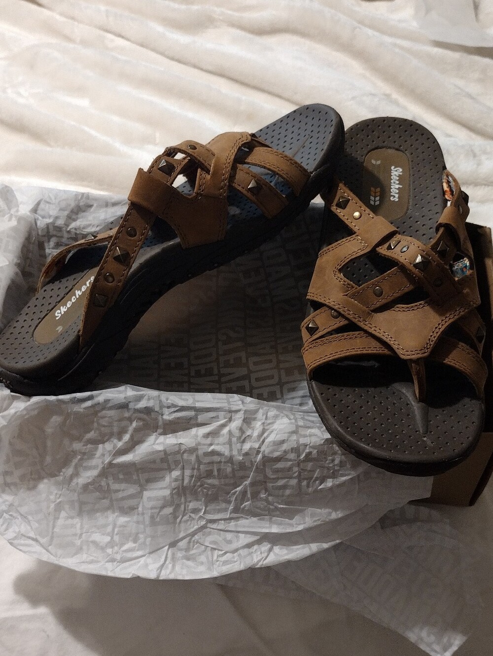Skechers Women's Brown Strappy Slide Sandals with Stud Accents